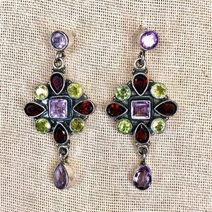 Garnet Peridot Amethyst Sterling Silver Drop Dangle Faceted Earrings